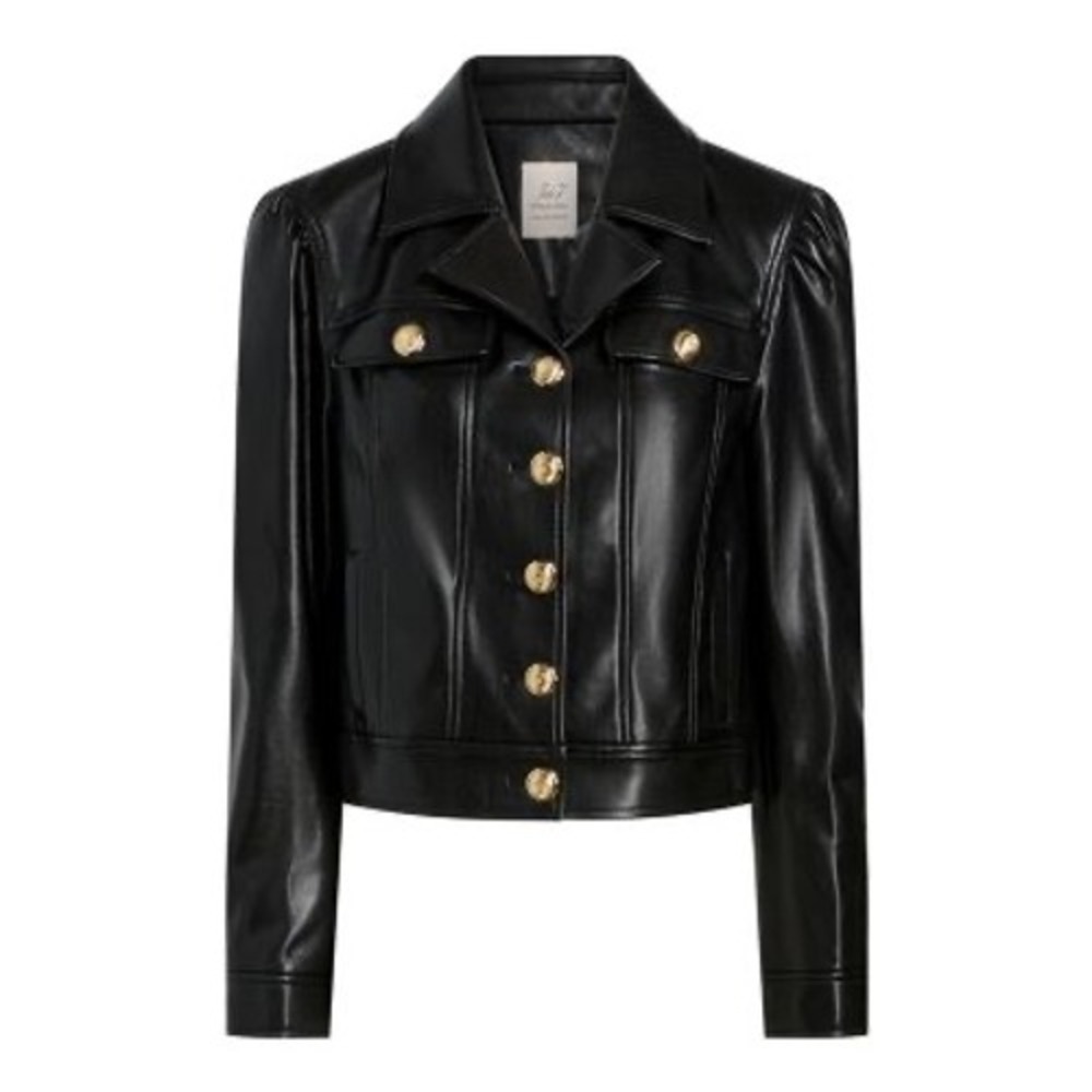 Cinq a Sept Khloe Faux Leather Jacket Black Gold Crest Button Puff Sleeve New XS